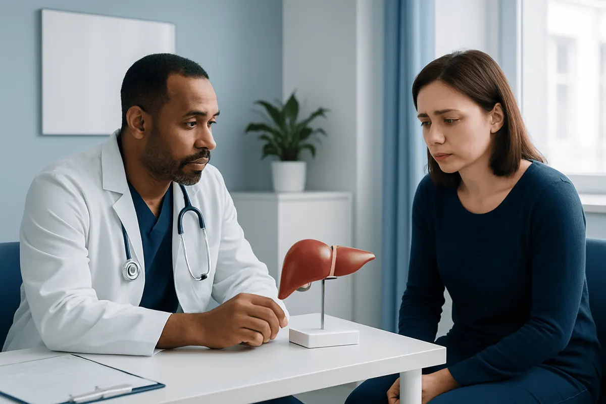 Doctor explaining liver health to a female patient in a clinic setting.