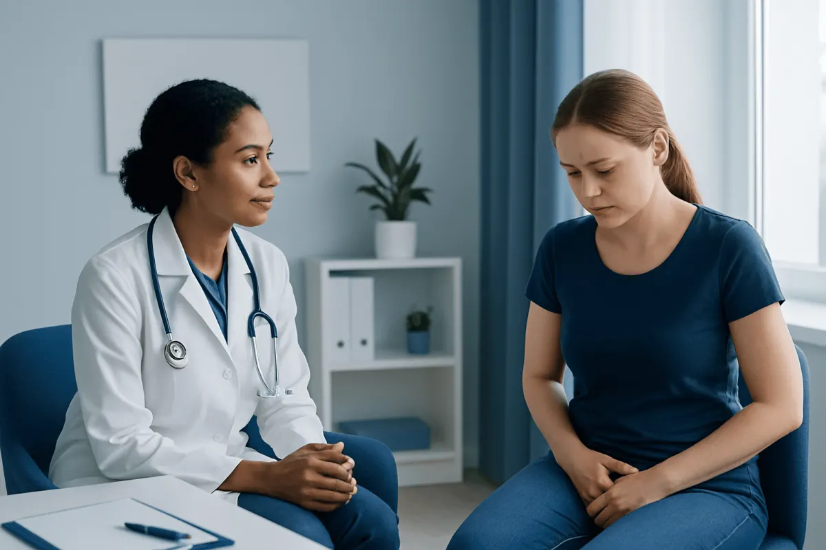 Doctor consulting with a young woman about health concerns in a medical office.