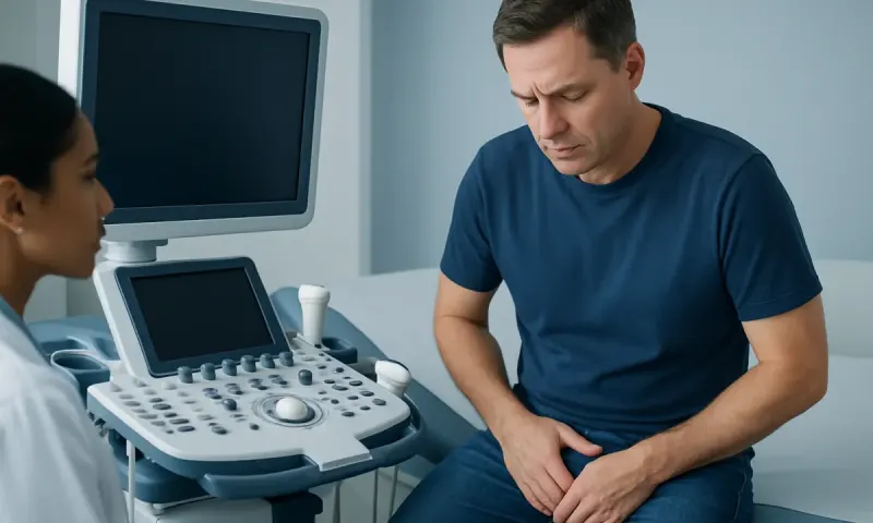 Doctor performing ultrasound examination on male patient in clinic.