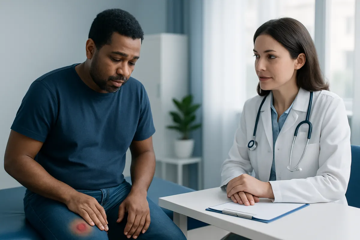 Doctor consulting male patient with knee pain at clinic.