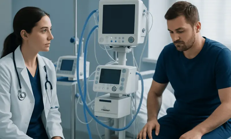 Doctor consulting patient in hospital with medical monitors.