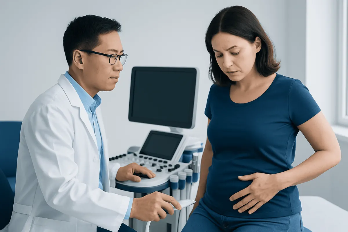 Doctor examining a woman with abdominal pain in a medical clinic.