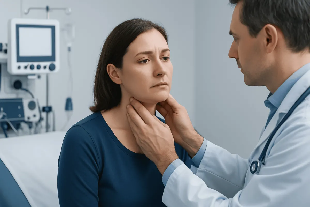 Doctor examining a woman's neck for swollen lymph nodes in a clinical setting.