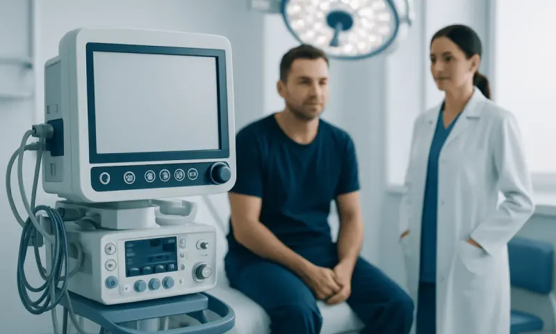 Patient in a hospital consultation room with medical equipment and doctor.