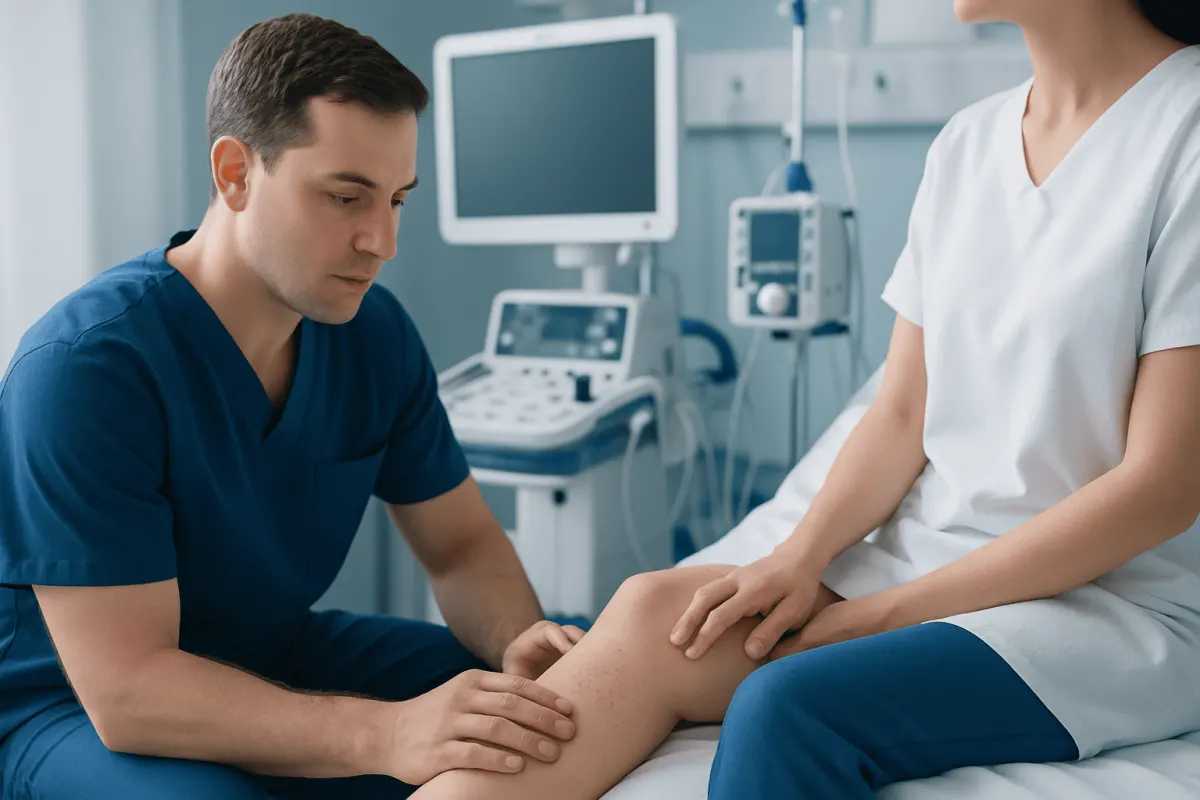 Doctor examining patient's leg in a hospital setting.
