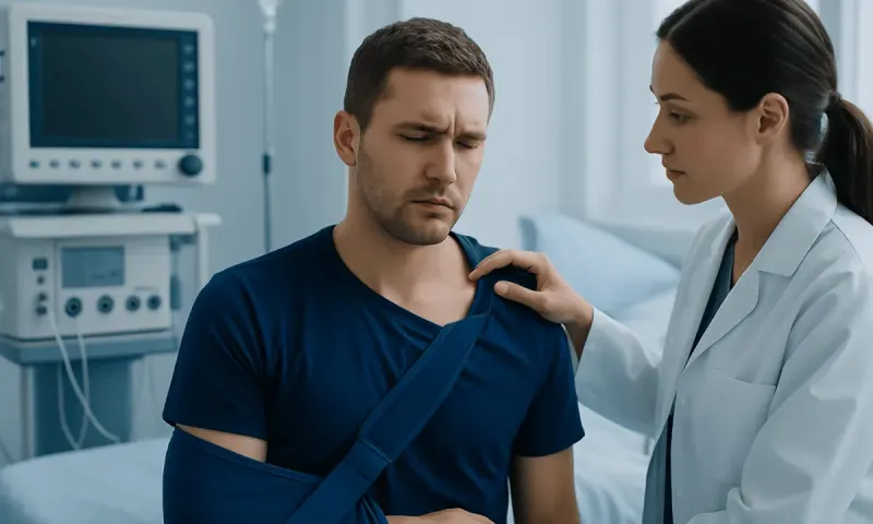 Patient with shoulder injury consulting a doctor in hospital.