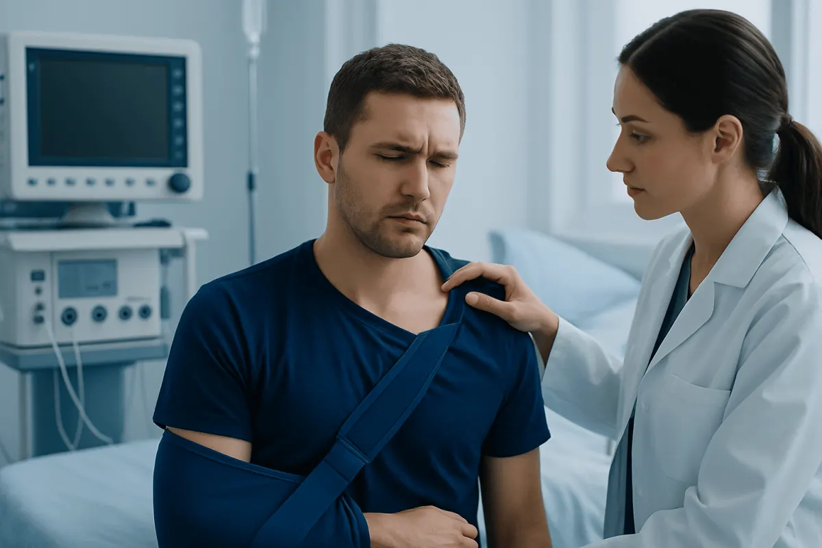 Patient with shoulder injury consulting a doctor in hospital.