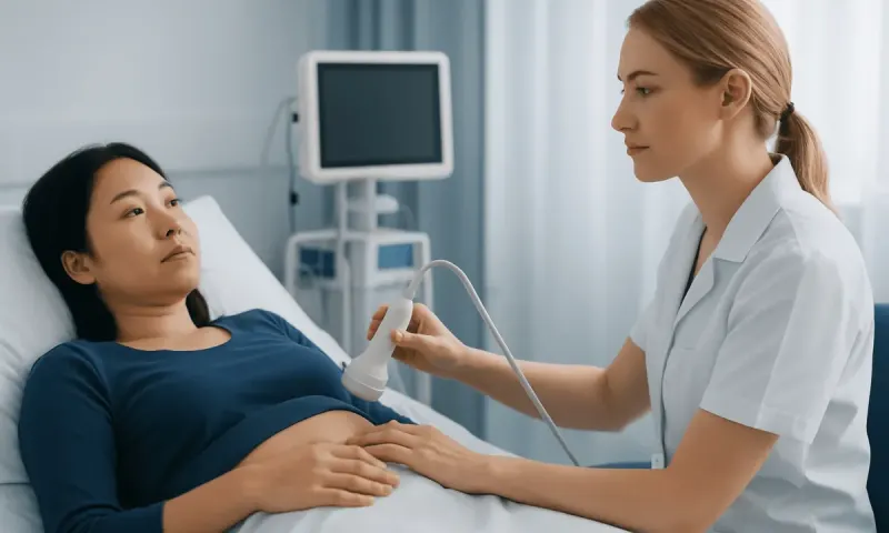 Doctor performing abdominal ultrasound on patient in hospital room.
