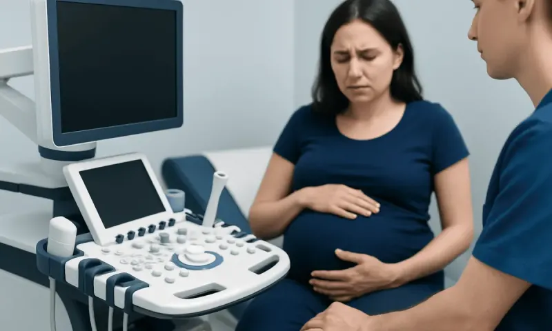 Pregnant woman at ultrasound appointment with healthcare provider.