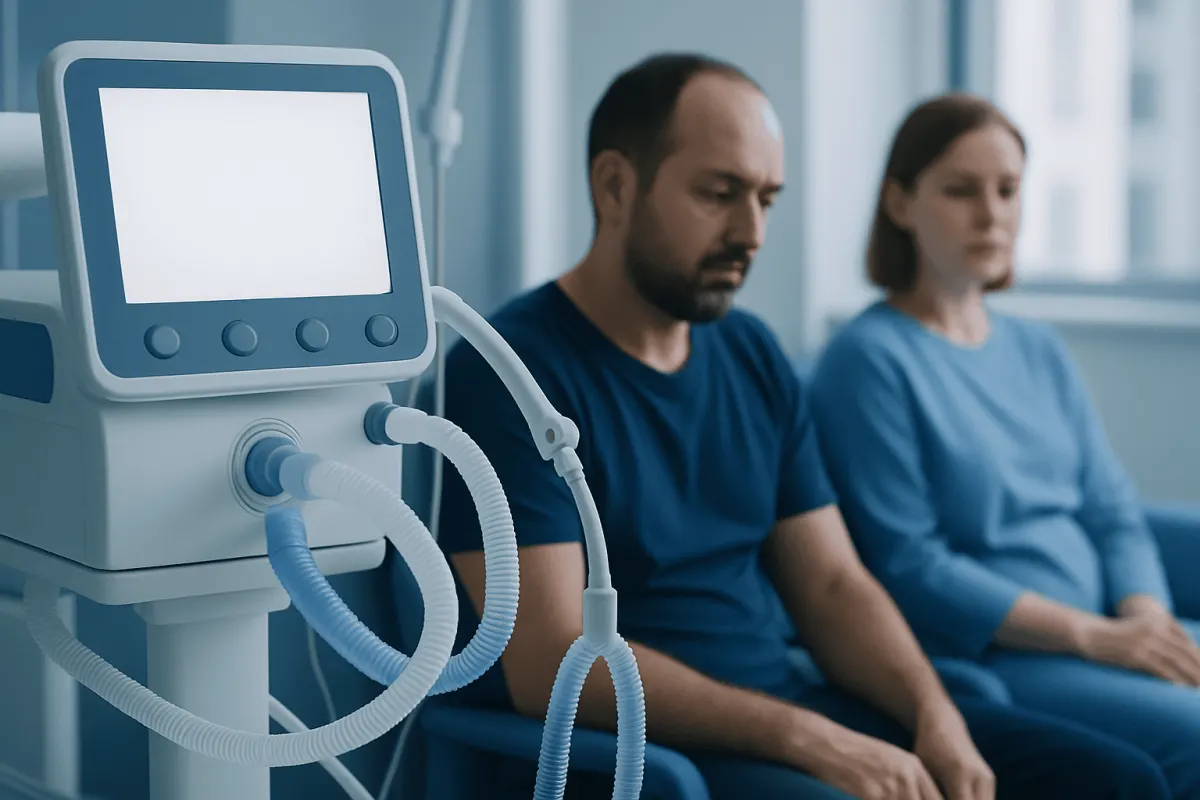 Patients waiting in a hospital room with medical ventilator equipment nearby.