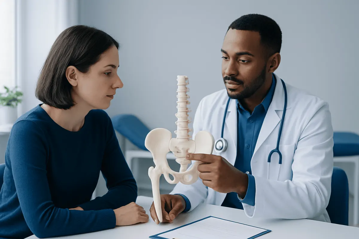 Doctor explaining spinal anatomy to a patient in a medical consultation.