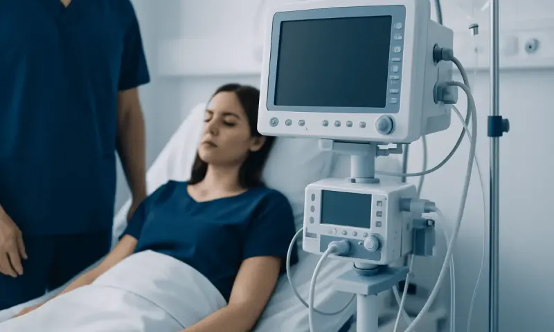 Hospital patient connected to medical monitoring equipment in a clinical setting.