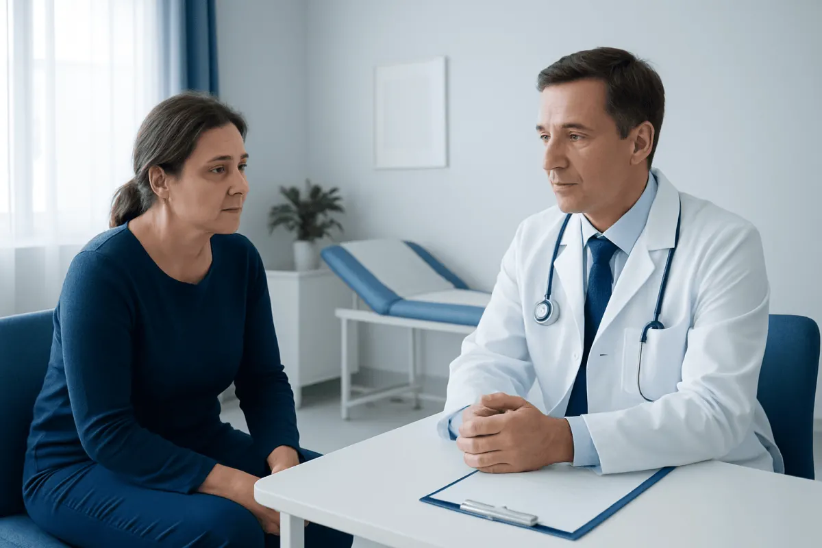 Doctor consulting with a female patient in a medical office setting.
