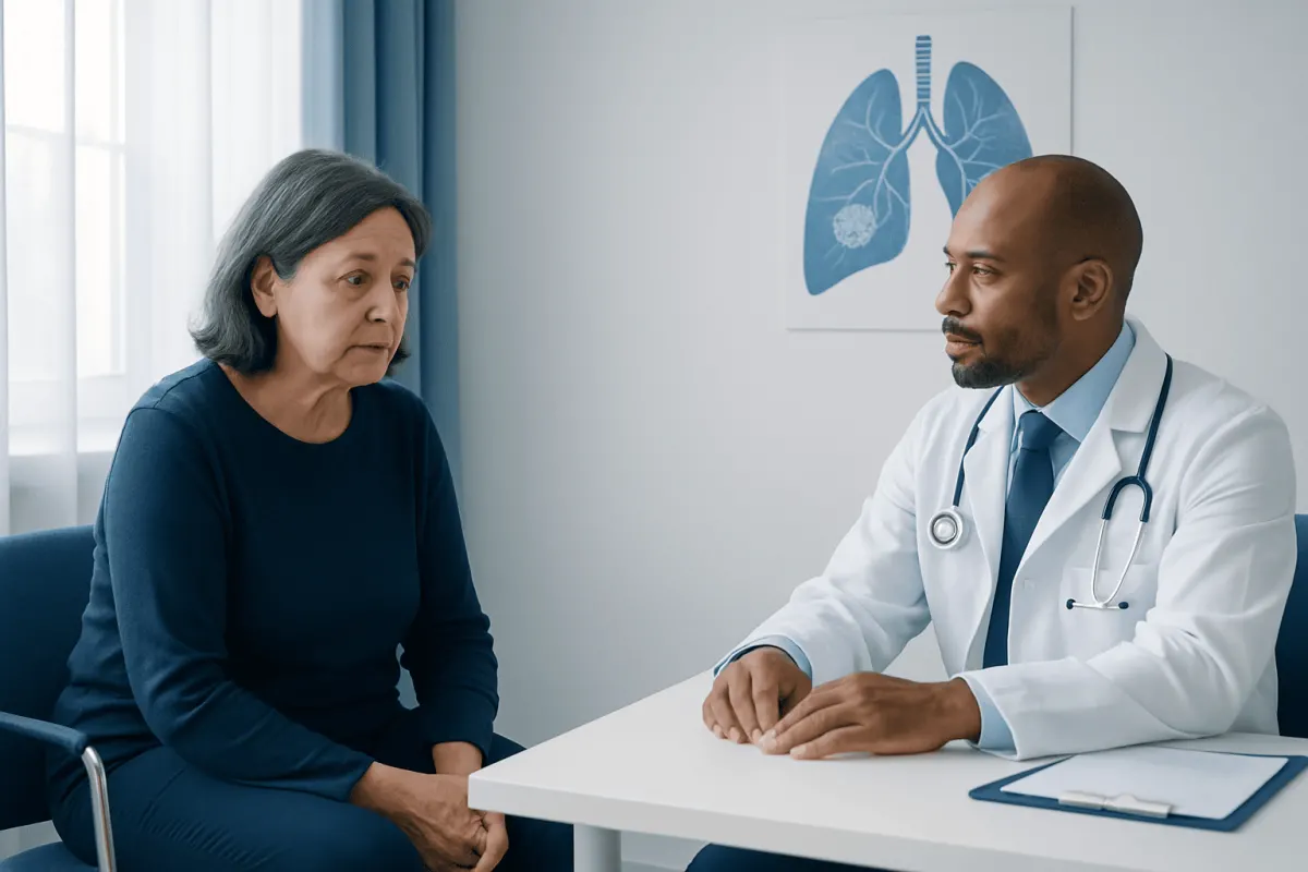 Doctor consulting with a female patient about lung health in a medical office.