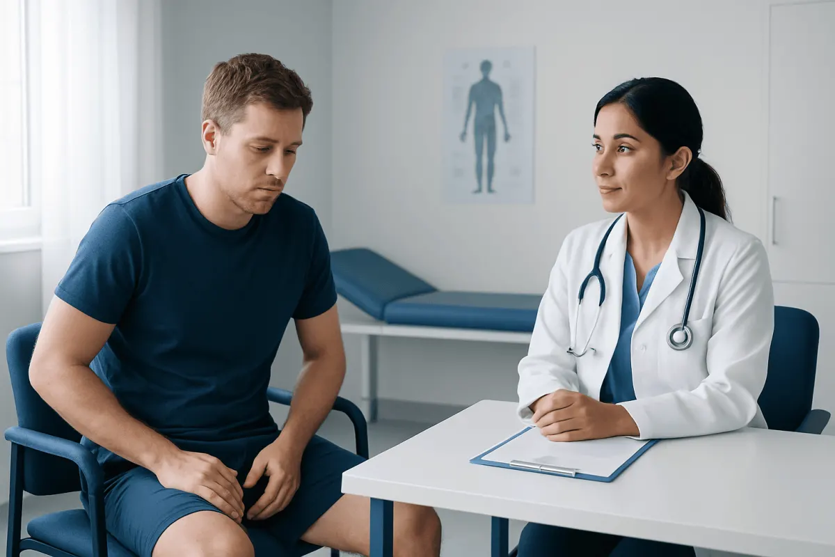 Doctor consulting with male patient in a medical office.