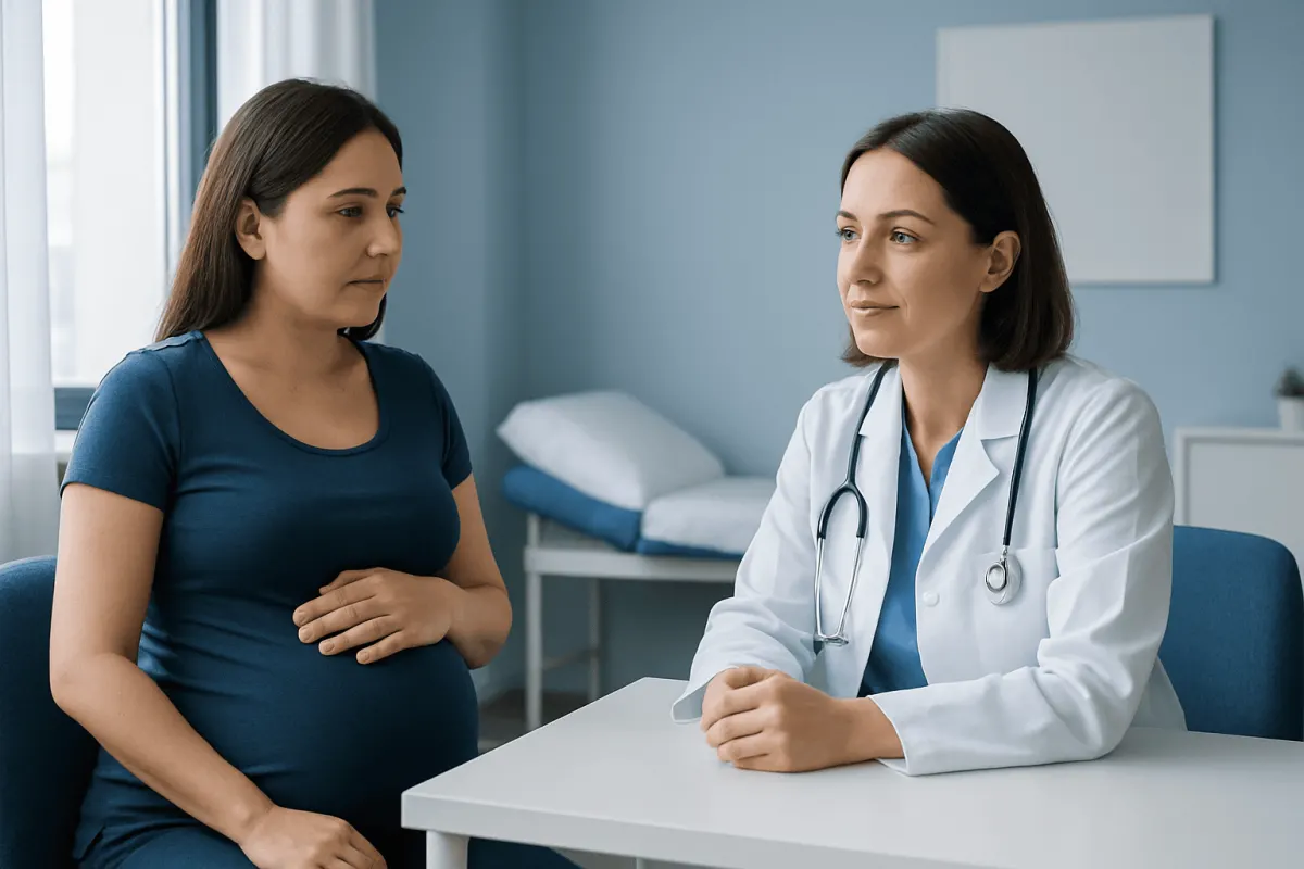Pregnant woman consulting with a doctor in a hospital room.