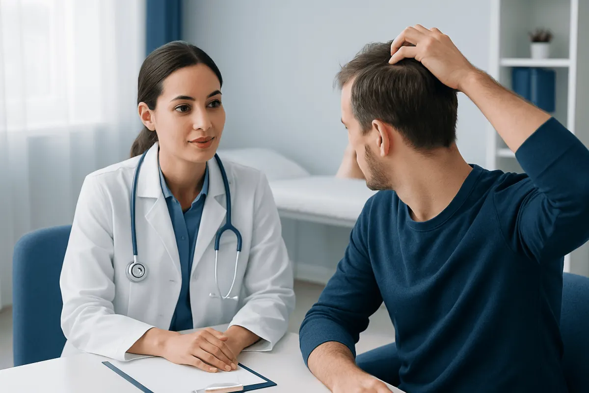 Doctor consulting patient about hair concerns in a clinical setting.