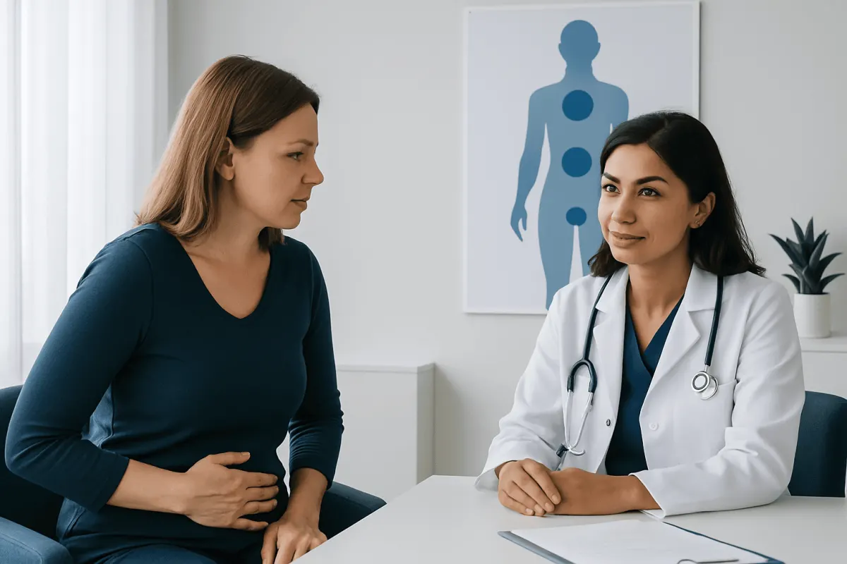 Doctor consulting with patient in a medical office with health diagram.