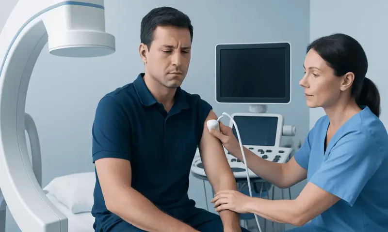 Doctor performing shoulder ultrasound examination on male patient in hospital.