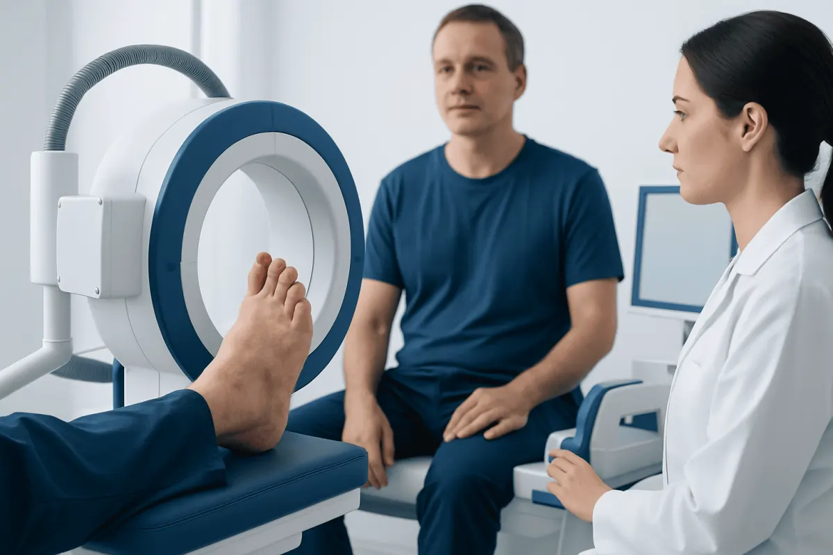 Patient undergoing MRI scan at Acibadem Hospital for foot assessment.