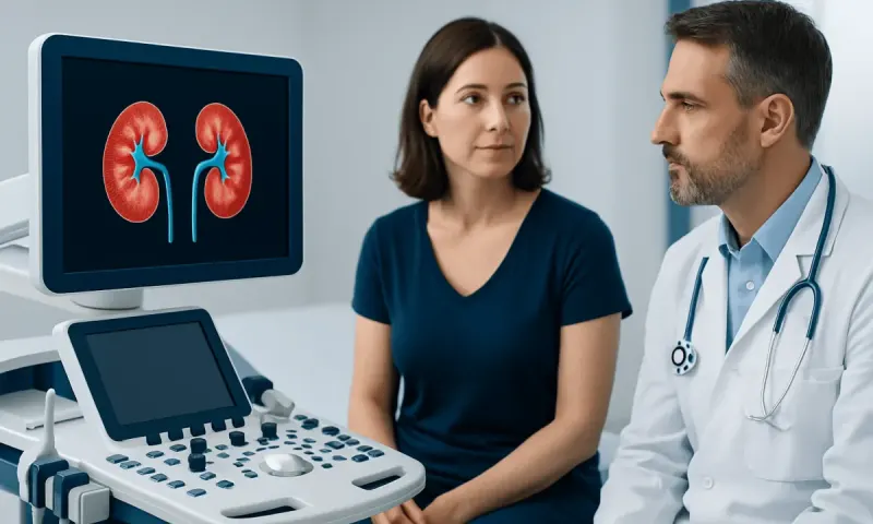 Doctor and patient discussing kidney ultrasound results in a medical office.