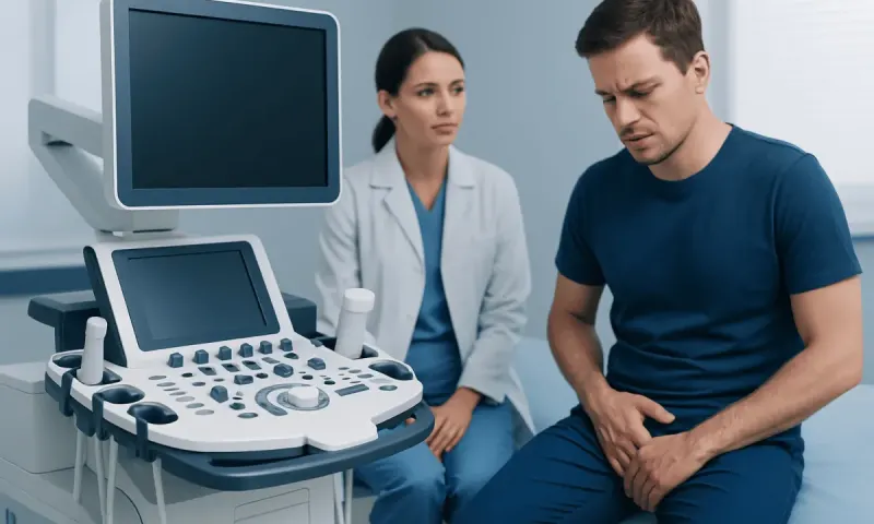 Male patient experiencing groin swelling during medical examination at hospital.