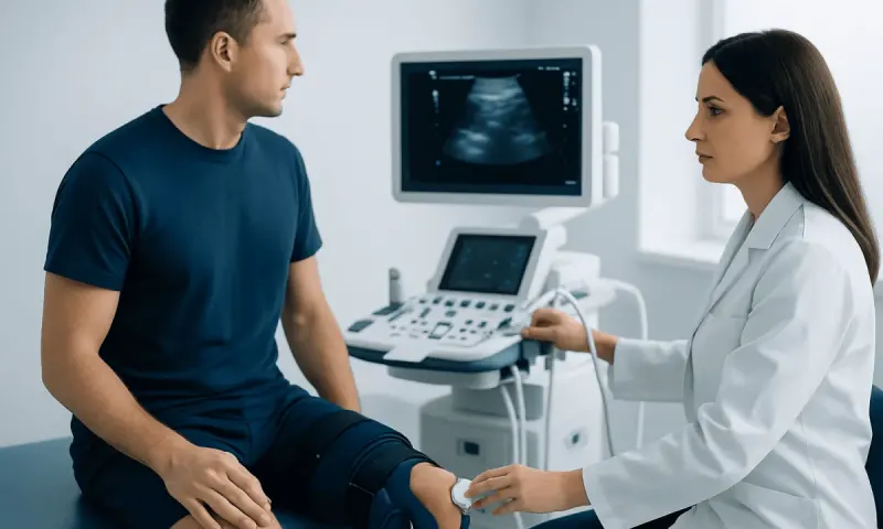 Doctor examining patient's knee with ultrasound at Acibadem Hospital.