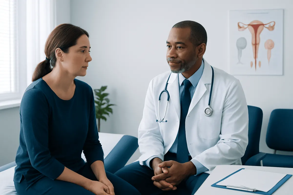 Doctor consulting with a female patient in a medical office.