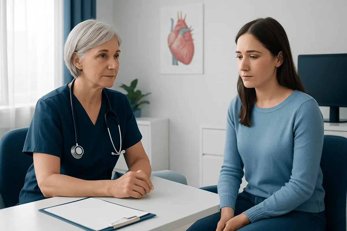 Doctor consulting with a young woman about heart health in a medical office.