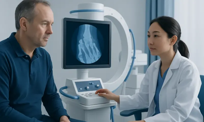 Doctor explaining hand X-ray to patient in a medical clinic.