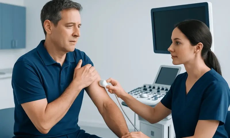 Doctor performs shoulder examination on patient in medical clinic.