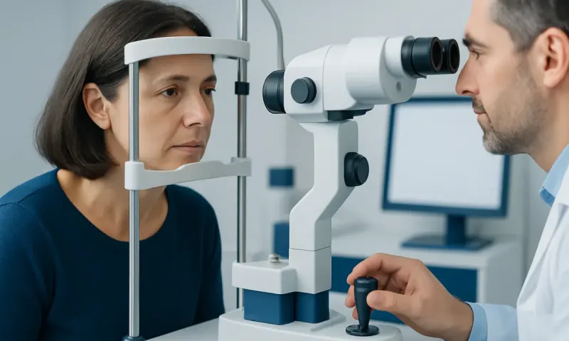 Optometrist examines patient's eye using slit lamp in clinic.