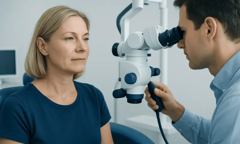 Otolaryngologist examining a patient with a microscope in a clinic setting.