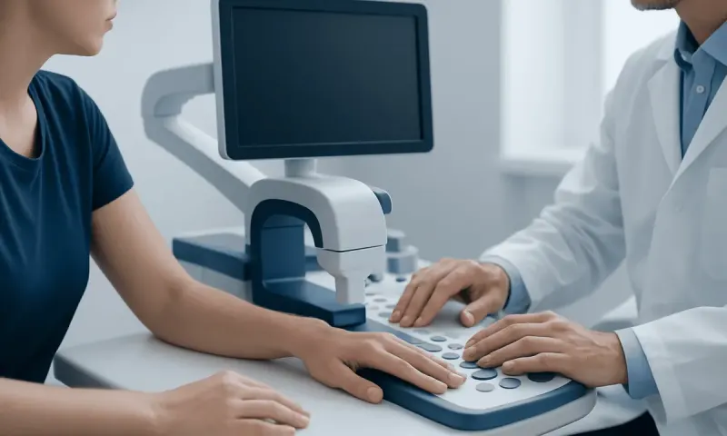 Medical professional performing ultrasound wrist examination on patient.