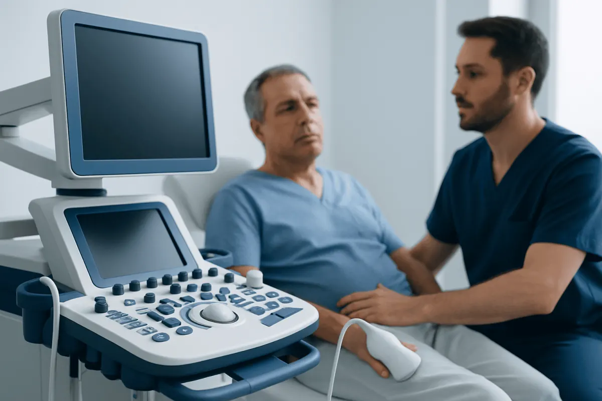 Urologist consulting with patient using ultrasound equipment in hospital.