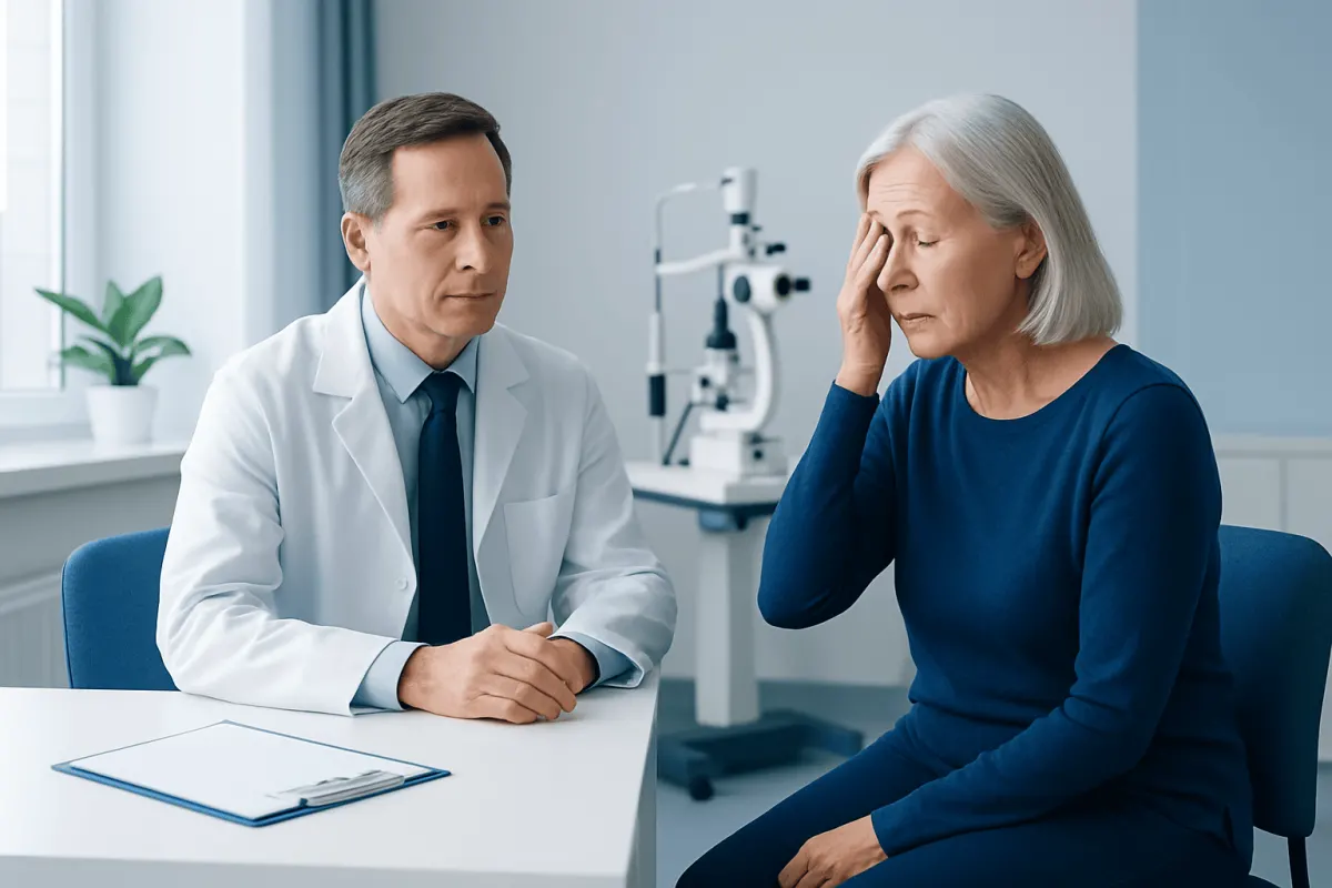 Doctor consulting with an elderly woman in a medical office setting.