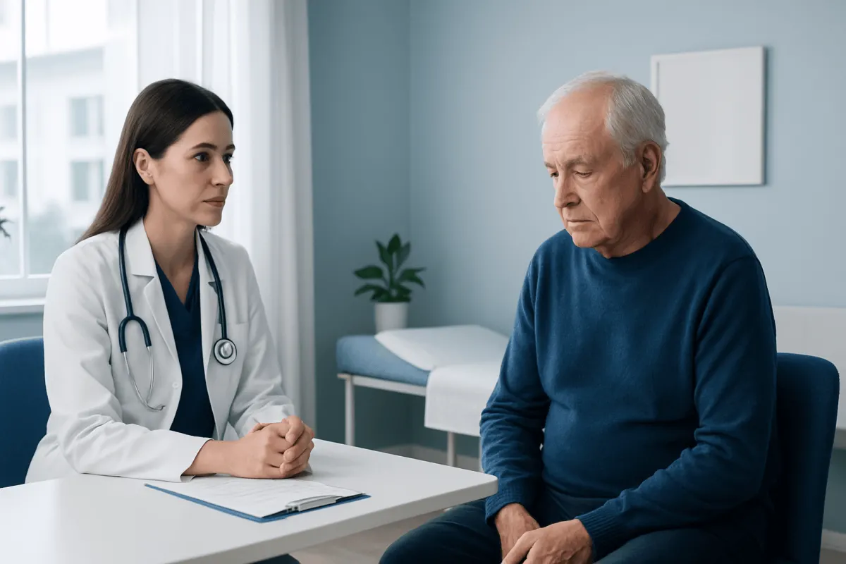 Doctor consulting with elderly patient in a medical office setting.