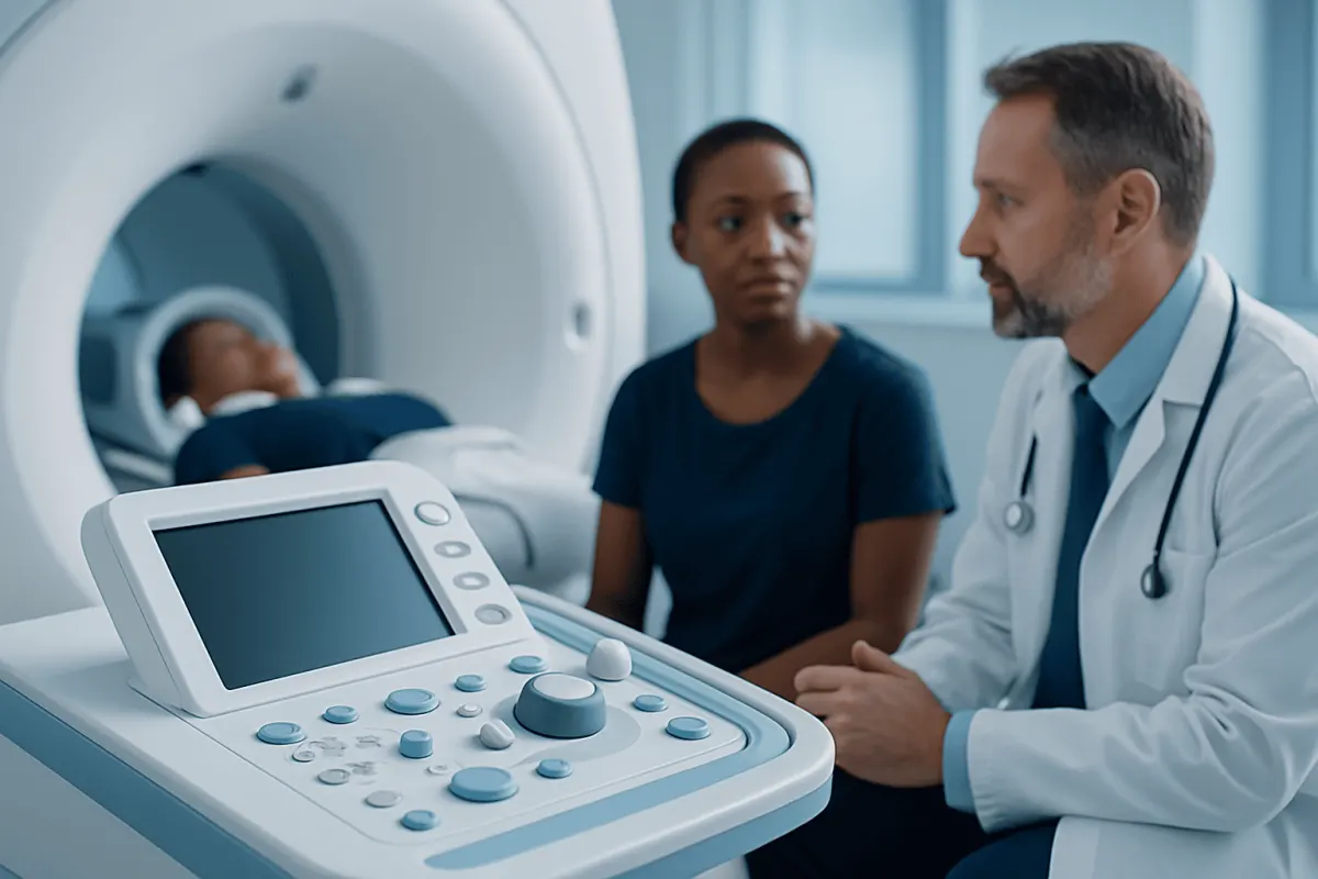 Doctor explaining MRI scan results to a patient in a hospital setting.