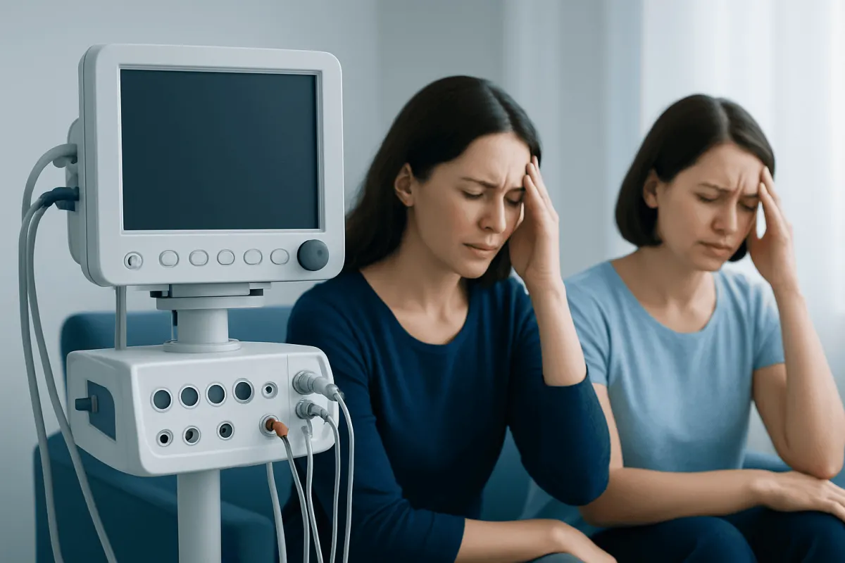 Women experiencing headache symptoms in a medical setting with monitoring equipment.