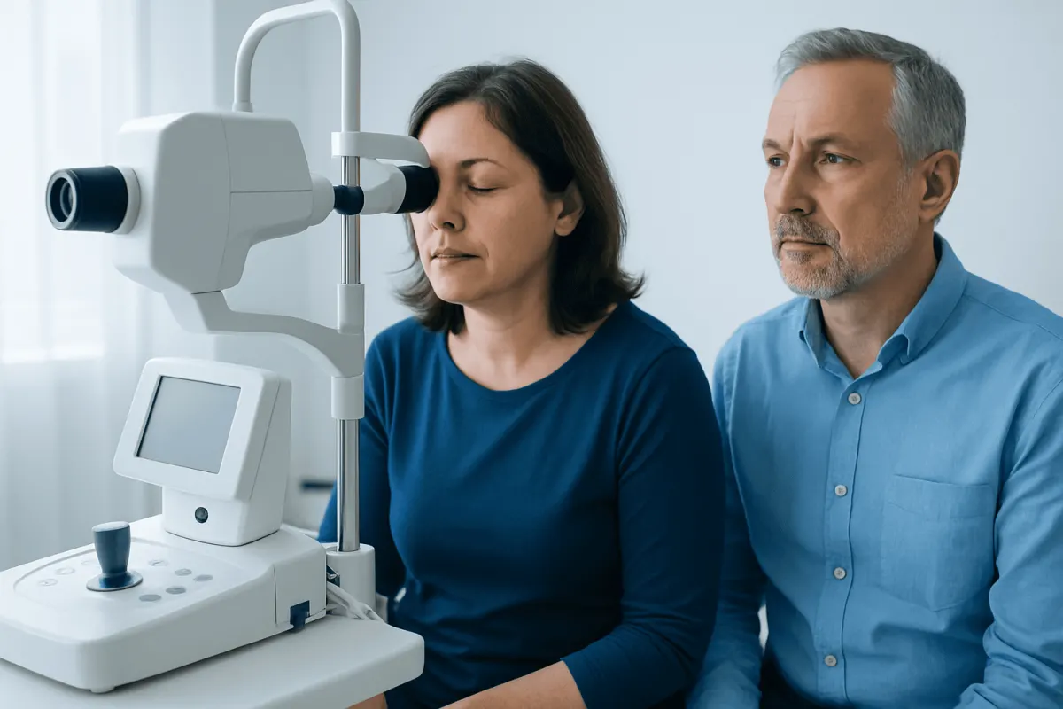 Doctor examining woman's ear with specialized medical equipment.