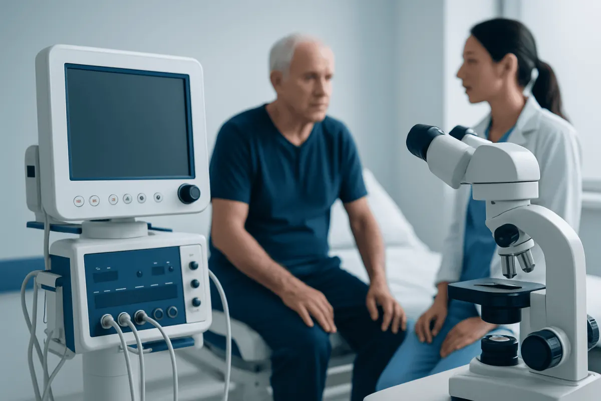 Doctor and patient in a medical examination room with diagnostic equipment.