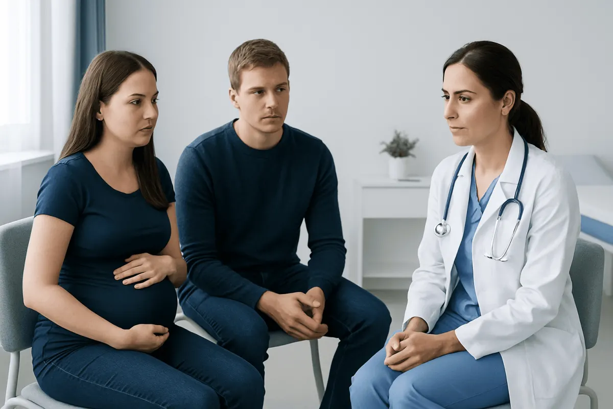 Doctor consulting with pregnant woman and partner in a medical office.