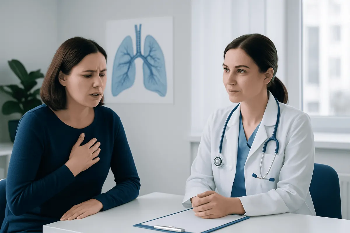 Doctor consulting with patient about respiratory health in a hospital setting.
