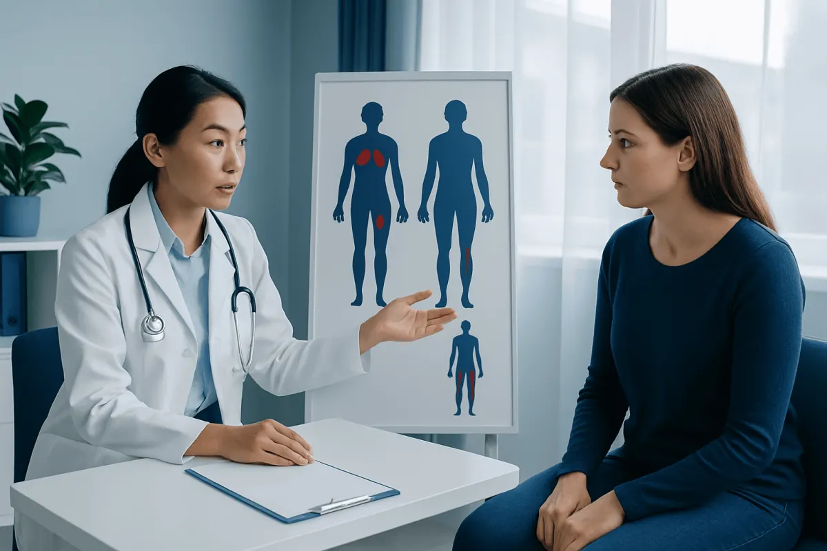 Doctor explaining blood clot locations to patient in clinic setting.