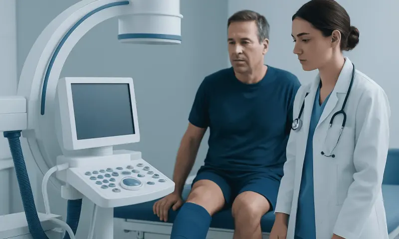 Medical professional explains X-ray results to patient with leg injury.
