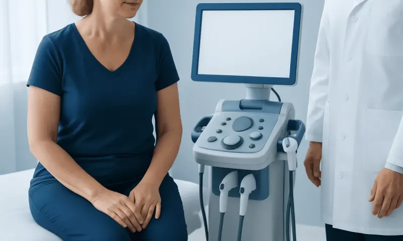Woman undergoing pelvic exam with ultrasound device in clinic.