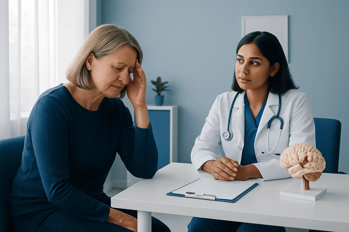 Doctor explaining brain aneurysm symptoms to a patient in a consultation room.