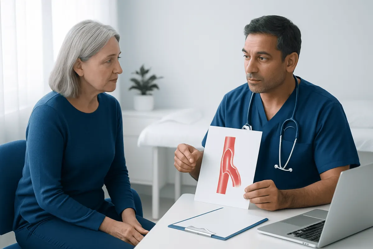 Doctor explaining arterial health to a patient with a model of an artery.