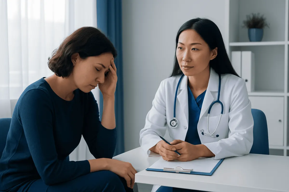 Patient consulting with doctor about mental health concerns at Acibadem Hospital.