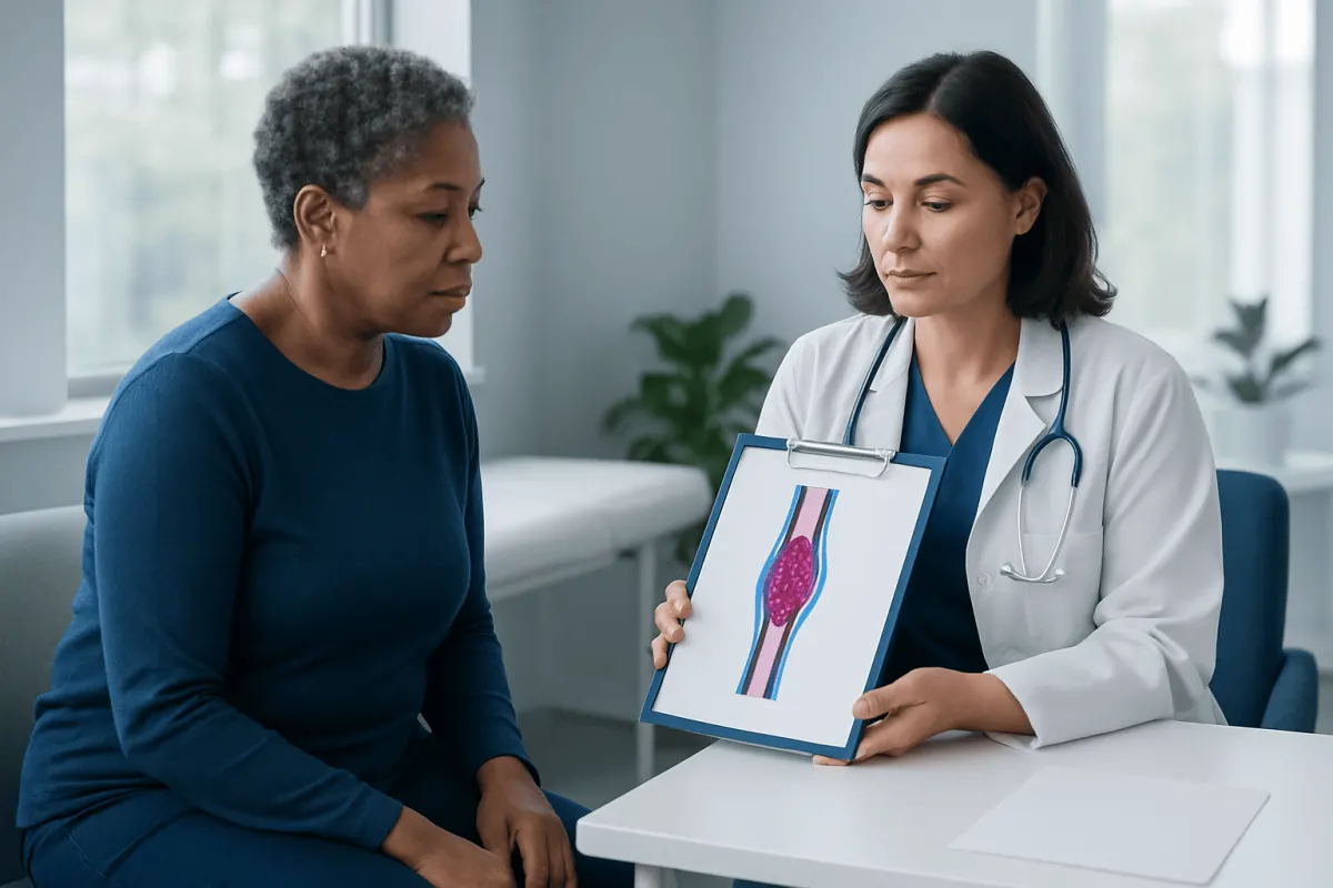 Doctor explaining blood clot diagram to patient in a medical consultation.